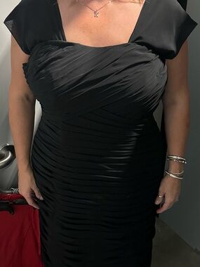 Black Ruched Midi Dress with Square Neck